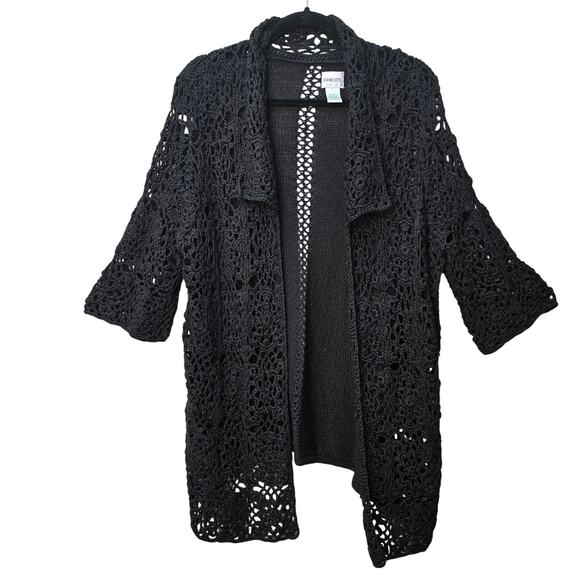 Chicos Crochet Knit Cardigan Sweater Women Large Black Bohemian Neutral Coquette - Picture 1 of 10